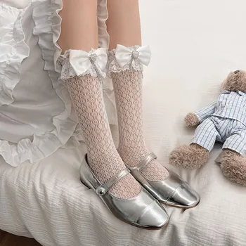 Кружевные чулки в стиле Лолиты, женские белые Тонкие длинные носки, женские сетчатые носки JK с бантиком, платье для девочек, Calcetines medias