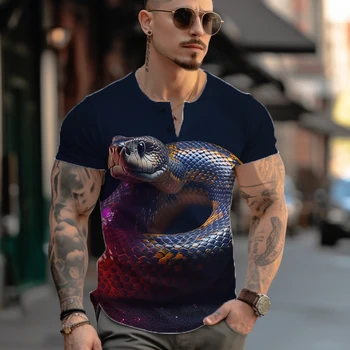 Летняя простая повседневная футболка, мужская уличная трендовая футболка, модная футболка с короткими рукавами, футболка с 3D-принтом в виде змеи и животных