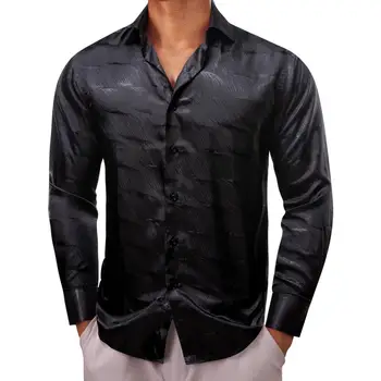 Роскошные рубашки для мужчин, Шелковый атлас, Черные Облегающие мужские блузки с длинным рукавом, Топы с отложным воротником, Дышащая одежда