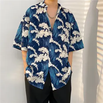 2023 Гавайские Рубашки Мужские Синие Майки Японская Летняя Уличная Одежда Дышащая Универсальная Мужская Одежда Harajuku Шикарная Модная Рубашка