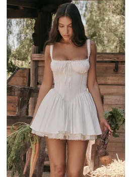Женское сексуальное мини-платье с открытой спиной, Элегантный кружевной подол, подтяжки на груди, платья, Летние Шикарные Белые халаты, Vestidos Высокого качества