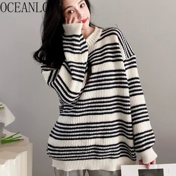 Свитера в полоску OCEANLOVE, Mujer контрастного цвета, осень-зима, женские пуловеры в стиле опрятности, Корейская мода, свободные трикотажные изделия