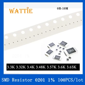 SMD резистор 0201 1% 3.3K 3.32K 3.4K 3.48K 3.57K 3.6K 3.65K 100 шт./лот микросхемные резисторы 1/20 Вт 0.6 мм * 0.3 мм