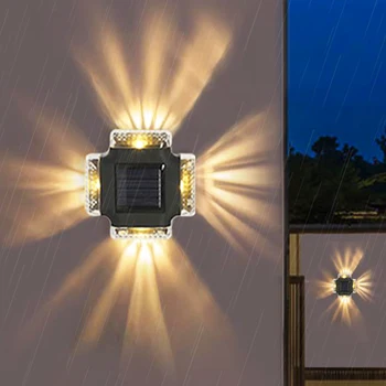 Светодиодный солнечный настенный светильник, прожектор с четырьмя сторонами, Наружный Водонепроницаемый, Вверх и вниз, светящийся солнечный свет, Лампы для декора сада, забора во дворе