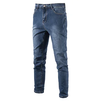 Хлопчатобумажные эластичные синие джинсы, мужские повседневные однотонные мужские джинсовые брюки со средней талией, осенние высококачественные джинсы на молнии для мужчин
