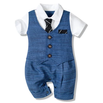 Одежда для маленьких мальчиков, летний хлопковый официальный комбинезон, костюм для джентльмена с галстуком, цельная одежда для новорожденных, красивый комбинезон на пуговицах, праздничный костюм