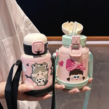 Детская термобутылка Kawaii из нержавеющей стали для холодного горячего кофе и чая, милый термос для воды с соломенной крышкой на ремешке для детей