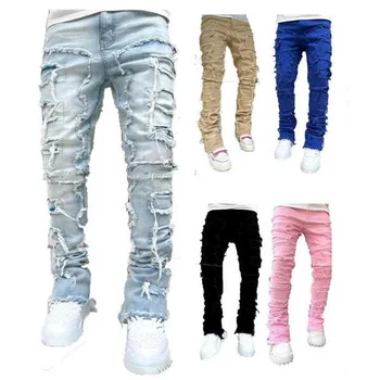 Джинсы в стиле панк, застиранные, с вырезами, обтягивающие джинсы, мужские джинсовые брюки из стика, 5 цветов