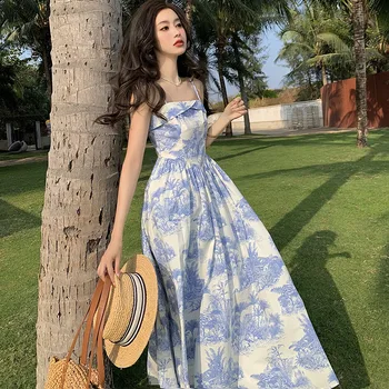Синее платье-комбинация с цветочным рисунком, французское платье, женская летняя юбка у моря, длинное платье для отпуска