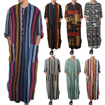 Ближневосточный Ислам, мужские Абаяты, Цельный арабский мужской халат с полосатым принтом, мусульманский мужской халат мусульманина