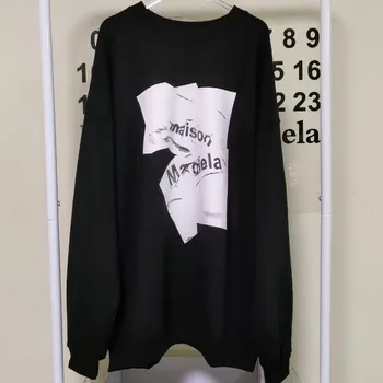 Хлопковый пуловер MM6 с японским воротником и буквенным принтом в виде граффити, черный повседневный пуловер с длинным рукавом