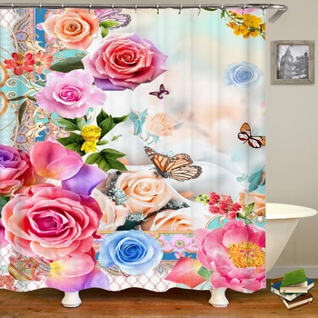 3D Красивая красочная занавеска для душа из ткани с принтом розы, занавески для ванной комнаты, водонепроницаемая полиэфирная ширма для ванны с 12 крючками