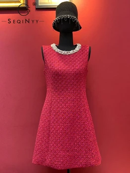 SEQINYY Фиолетово-красное мини-платье, Роскошный Твидовый жилет с бисером, Хай-Стрит, винтаж, Женская мода, Взлетно-посадочная полоса, Весна-осень