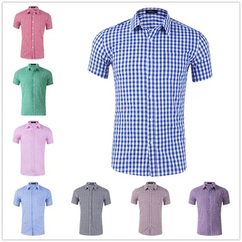 Мужская рубашка Новая хлопковая рубашка в мелкую клетку с коротким рукавом мужская рубашка с коротким рукавом