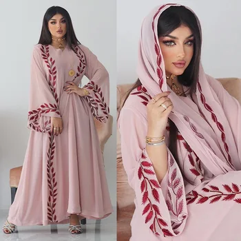 Модное Шифоновое платье-Абая-Хиджаб с цветочной вышивкой, Розовое платье с V-образным вырезом и длинным рукавом, Свободный Арабский мусульманский Кафтан из Дубая и Марокко