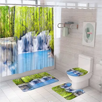Живописный тропический лес, водопад, занавески для душа, натуральное зеленое дерево, занавески для ванной комнаты, нескользящий коврик для ванны, коврик для крышки унитаза.