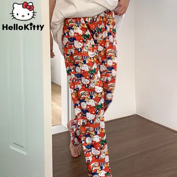 Женские пижамные штаны Sanrio Hello Kitty с мультяшным принтом Новые Корейские модные Повседневные Женские Домашние брюки Y2k Funny Anime Girl Pants