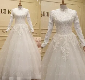 Свадебные платья Саудовской Аравии из белого кружева с длинными рукавами и высоким воротником, Элегантные женские свадебные платья для свадьбы, великолепное свадебное платье