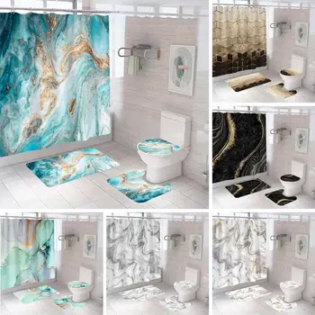 Занавеска для душа из 4 предметов, ванная комната с противоскользящим ковриком, крышка унитаза, набор ковров с современным 3D-принтом, водонепроницаемый мягкий фланелевый коврик для ванной