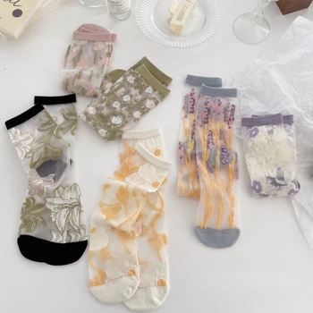 Ультратонкие прозрачные шелковые носки с кристаллами, Новые милые японские летние носки с цветочным рисунком, женские эластичные носки кремового цвета средней длины