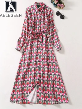 Богемное Длинное Шифоновое платье-рубашка AELESEEN, женское Весенне-осеннее платье с длинным рукавом и отложным воротником контрастного цвета с геометрическим принтом на поясе