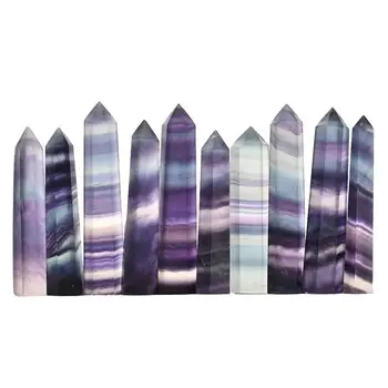 Натуральный кристалл флюорита, разноцветный полосатый кристалл флюорит-кварца, точечный исцеляющий шестиугольный камень-палочка