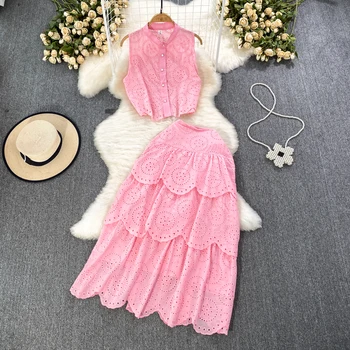 2023 Новая мода, Сладкая розовая юбка с оборками, женская однобортная рубашка без рукавов, вязаная крючком, Топы, платье из двух частей
