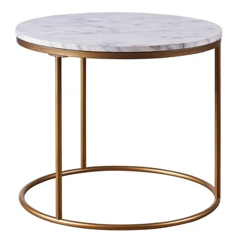 Круглый приставной столик Marmo с открытым основанием и столешницей из искусственного белого мрамора, белый / латунь