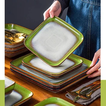 Посуда меланиновый Обеденный Набор Зеленая Квадратная Печь Для Обжига Сменной Глазури Посуда Кухонная Посуда Набор Керамической Посуды на 4 Персоны HY