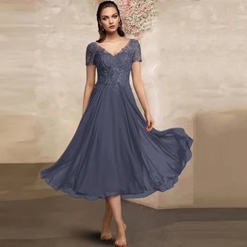 Элегантные темно-синие платья для матери невесты с V-образным вырезом и короткими рукавами, свадебное платье трапециевидной формы с аппликацией чайной длины.