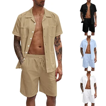 Новый летний комплект простых летних спортивных шорт с коротким рукавом 2023 года, льняная свободная мужская рубашка свободного покроя.