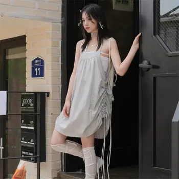 Корейское модное тонкое платье на бретелях без рукавов для женщин, летний пригородный свободный жилет с завязками, верхняя одежда, платье трапециевидной формы, женская одежда