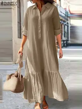 ZANZEA Женское Модное сарафанное платье с отворотом и длинным рукавом, однотонное платье-рубашка, женское винтажное офисное платье OL, платья с оборками на подоле