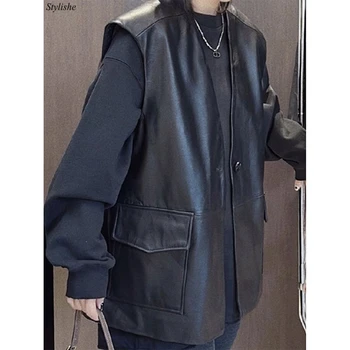 Черный женский жилет оверсайз, осенняя элегантная куртка из искусственной кожи без рукавов с V-образным вырезом, женский зимний жилет из искусственной кожи, женская повседневная одежда