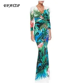 EFATZP Женское платье Макси от люксовых брендов, женские платья с длинным рукавом и винтажным принтом, трикотажные эластичные платья из джерси и шелка, фирменные платья