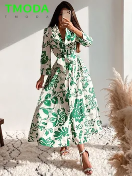 Винтажное платье с рукавом три четверти, Женская верхняя одежда, Vestidos, Летнее Женское Зеленое платье Миди с цветочным принтом и поясом