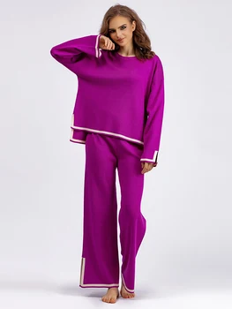 Комплект брюк TIGENA из двух частей для женщин, осень-зима, Элегантный контрастный пуловер, свитер + Широкие брюки, Женский наряд из 2 предметов, фиолетовый