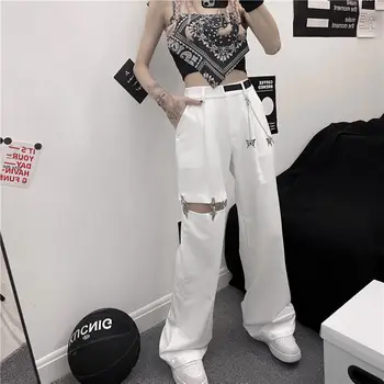 Уличная одежда Harajuku, женские брюки с поясом-цепочкой, свободные полые брюки в стиле хип-хоп, женские летние дизайнерские брюки с прямыми штанинами, S-3XL