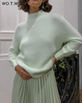 Осенне-зимние вязаные кашемировые свитера, женские свободные Базовые Пуловеры, женский мягкий повседневный однотонный джемпер, Зелено-белые топы 2023 года выпуска