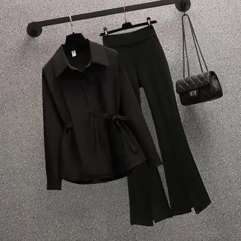 Модные женские комплекты брюк 2023, рубашки с длинными рукавами, Широкие брюки, комплект из двух предметов, Офисная женская одежда, уличная одежда