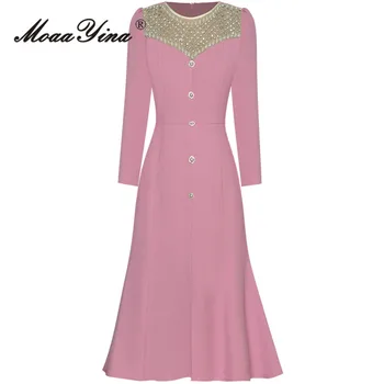 MoaaYina Летнее модное дизайнерское розовое винтажное вечернее платье с круглым вырезом, пуговица с бриллиантовым бисером, платье миди с высокой талией и тонким разрезом