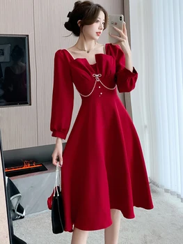 Осенняя мода 2023, элегантное вечернее платье с квадратным воротником, Vestidos, Женское платье Миди с тонкой талией, расшитое бисером, повседневное Красное вечернее платье