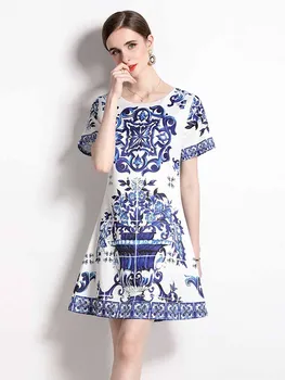Модное летнее женское короткое платье 2023, Элегантное мини-платье с цветочным принтом из фарфора, Праздничный сарафан с круглым вырезом, повседневная майка, Плюс размер