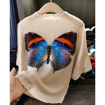 Женская футболка с принтом бабочки Miyake Hand Pinch в складку с круглым вырезом и тонким рукавом летучая мышь Senior Sense, свободная верхняя одежда