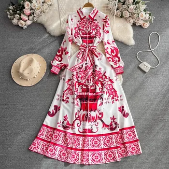 Весеннее Осеннее Красное Синее И Белое Фарфоровое платье Макси-рубашка Женское Однобортное платье с поясом и цветочным принтом, халат с длинным рукавом Vestido