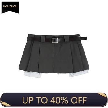 HOUZHOU Винтажная плиссированная юбка с поясом, женская уличная одежда Y2k, низкая талия, нерегулярная, поддельная, из двух частей, сексуальная юбка-карго, летняя
