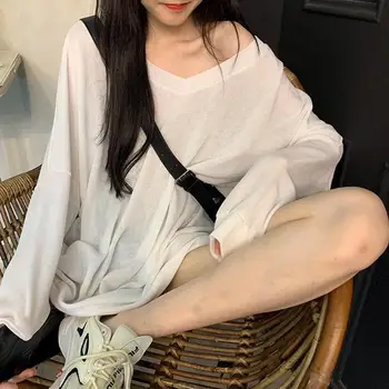 Белая футболка с длинными рукавами, женская солнцезащитная одежда, корейская версия, V-образный вырез, свободный крой, средняя длина, ленивый стиль, Оверсайз