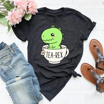 Милая футболка Tea-Rex, Женская Футболка с забавным мультяшным динозавром, женская хлопковая одежда Kawaii с коротким рукавом, футболка с рисунком динозавра, футболка с рисунком чая.