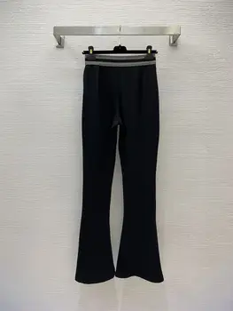 2023 Новые женские брюки с эластичным плетеным поясом на талии, расклешенные на молнии Черные брюки с разрезом