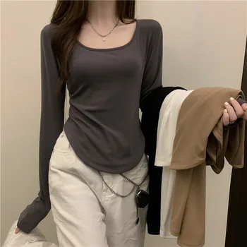 Женская футболка с длинными рукавами, нижняя рубашка с круглым вырезом или U-образная рубашка, черно-белая однотонная верхняя футболка для домашней одежды